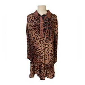 NIZA Midi Dress V-Neck Ruffle Leopard Beaded Artsy Boho Festival Sz 48 US 16